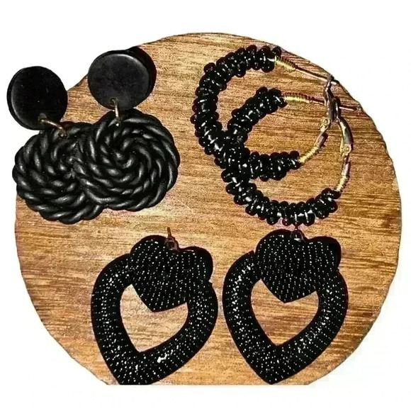 Set of Three Black Fashion Earrings Sparkly Beaded‎ Lightweight - Picture 1 of 7